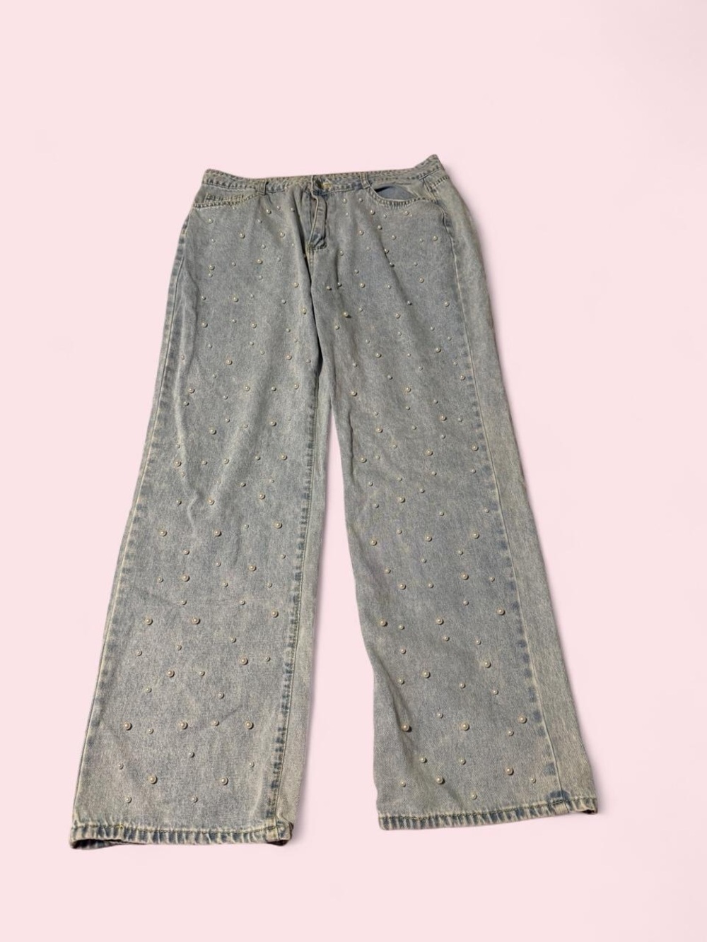 Boutique Embellished Pearl Wide-Leg Women's Jeans in Light Wash Denim